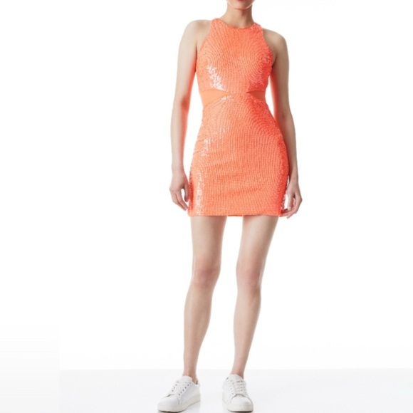 Alice + Olivia Dresses & Skirts - Alice + Olivia Cara Orange Sequined Mesh Sleeveless Mini Dress Size 2
